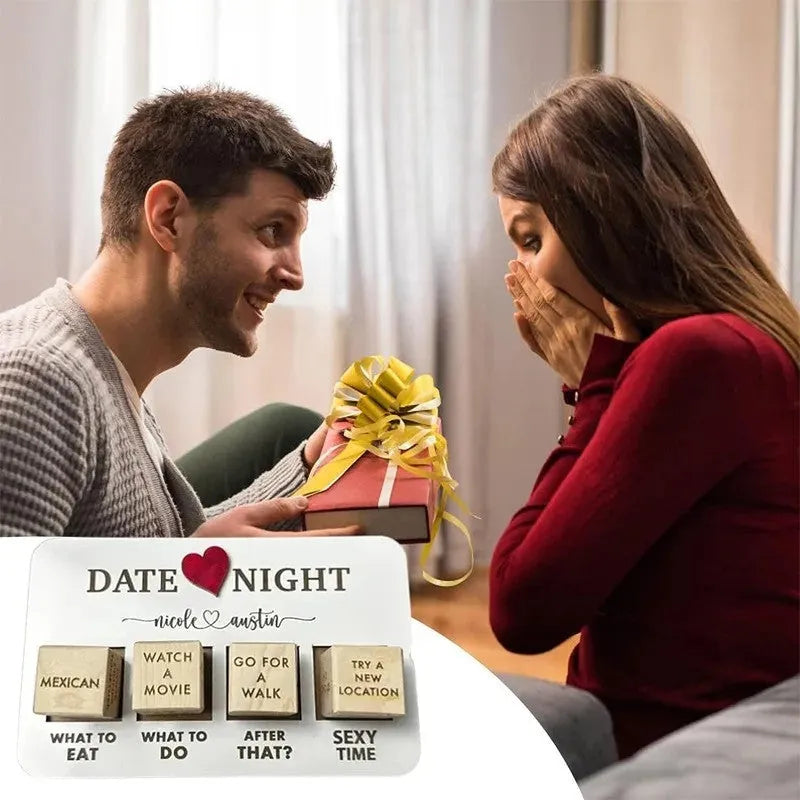 Wooden date night dice game set showing five dice, a rectangular wooden board, and a black fabric storage bag.