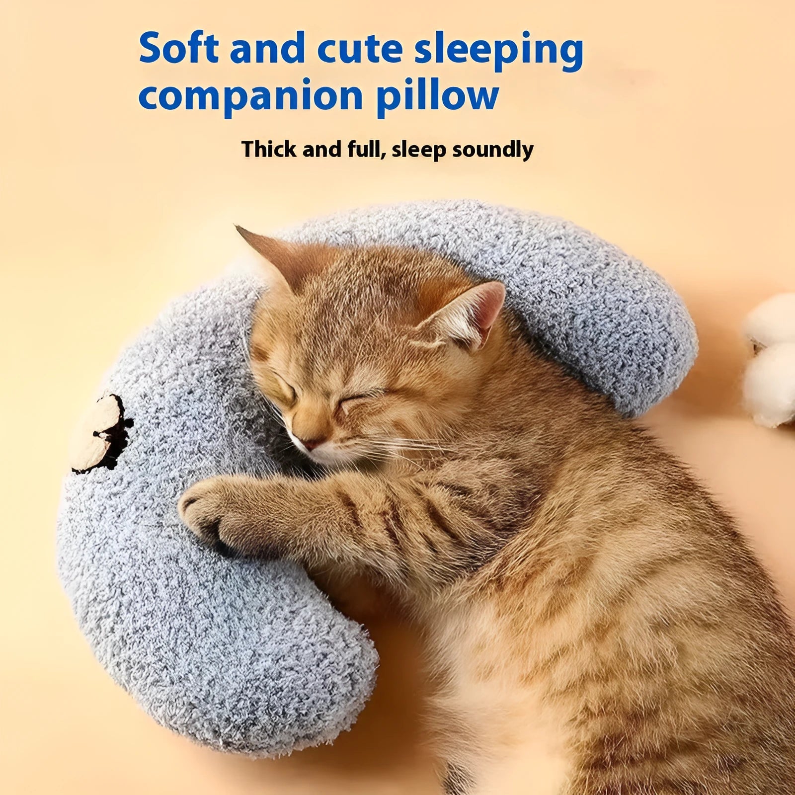 Blue U-shaped cat pillow bed in a Question Mark style on a white background