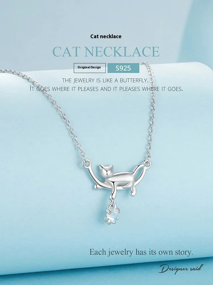 925 sterling silver white gold plated cat pendant necklace on O-shaped chain, adjustable 41-50cm, women's fashion OL style