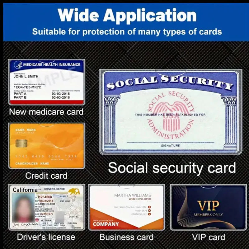 Transparent PVC credit card holder showing a social security card inside, dimensions 9.7cm by 5.9cm.