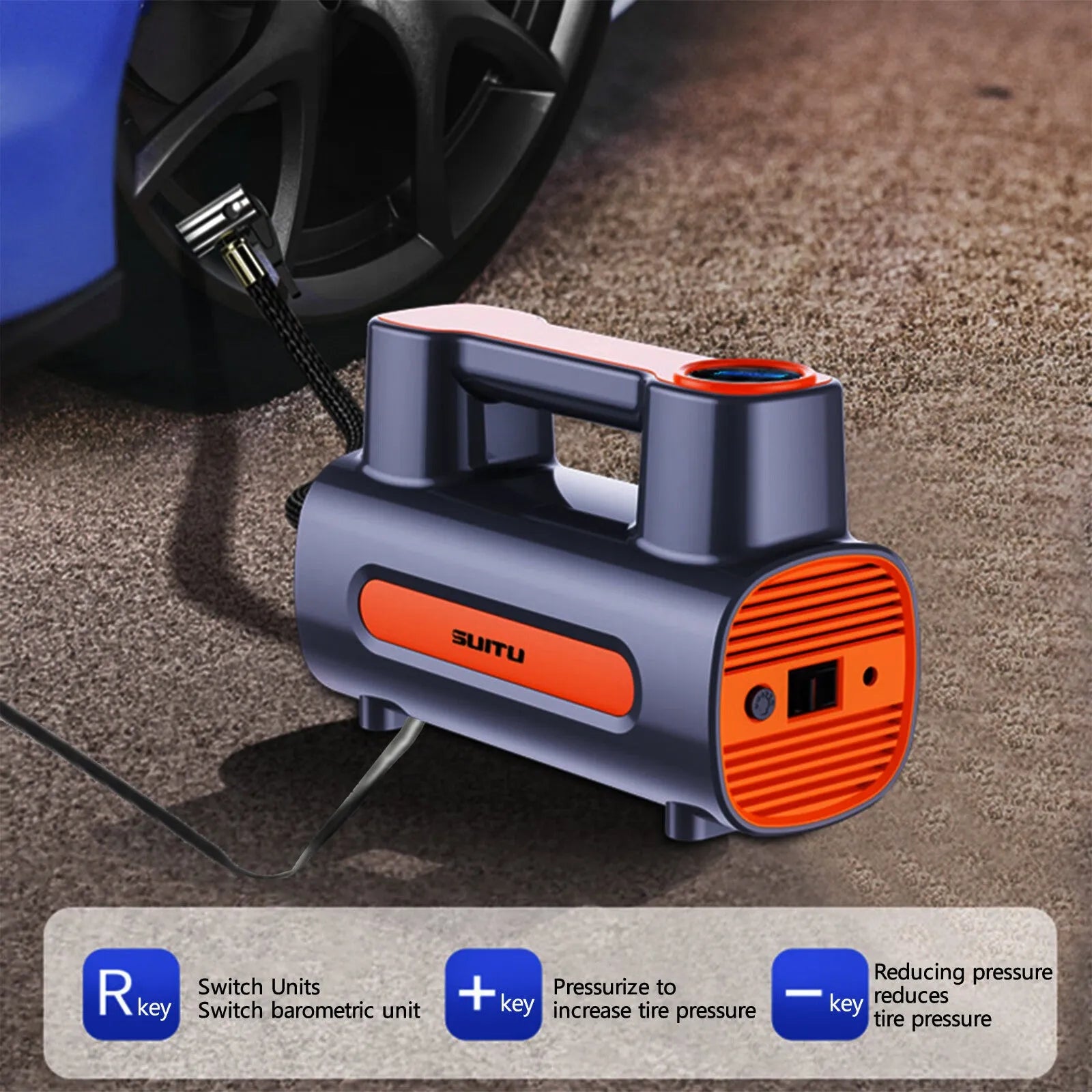 Portable 12V tyre inflator with digital display and rechargeable battery for car and bicycle tyres