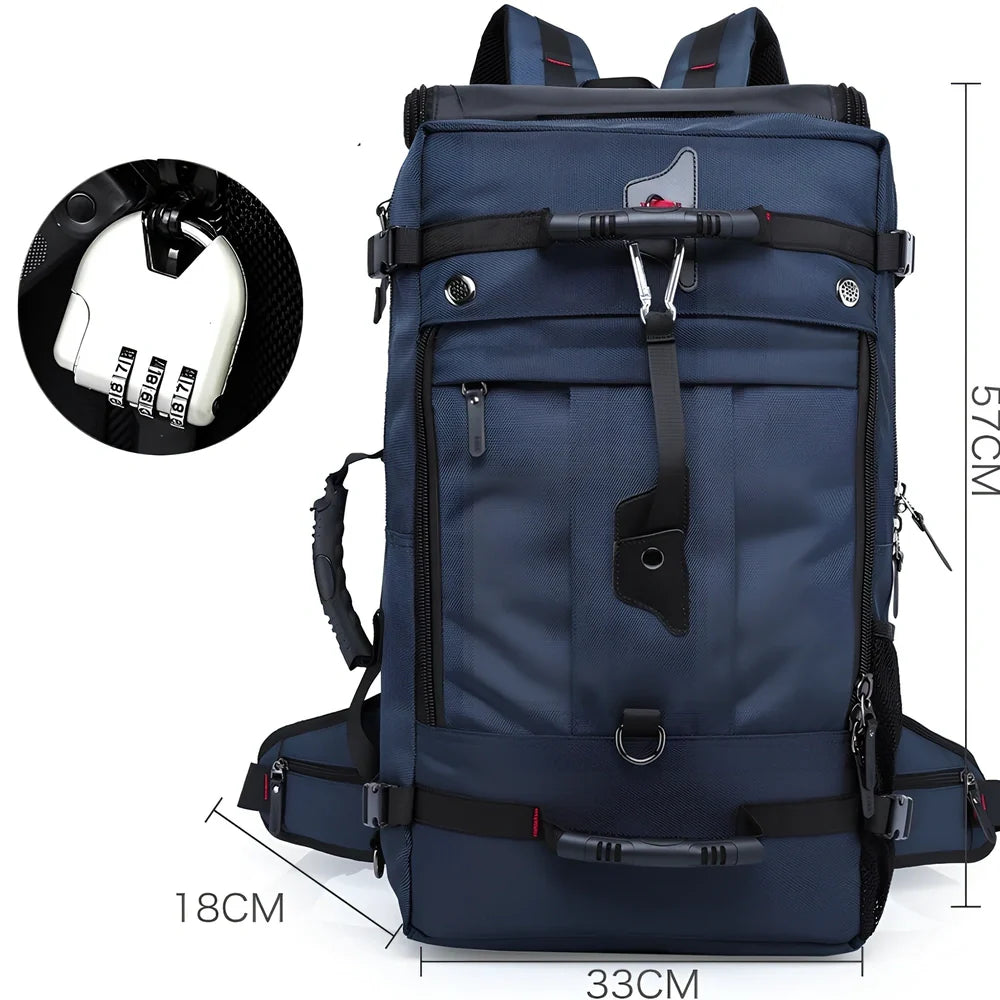 Multifunctional travel bag with multiple compartments in black, green, or blue colours showing 40L and 50L size options