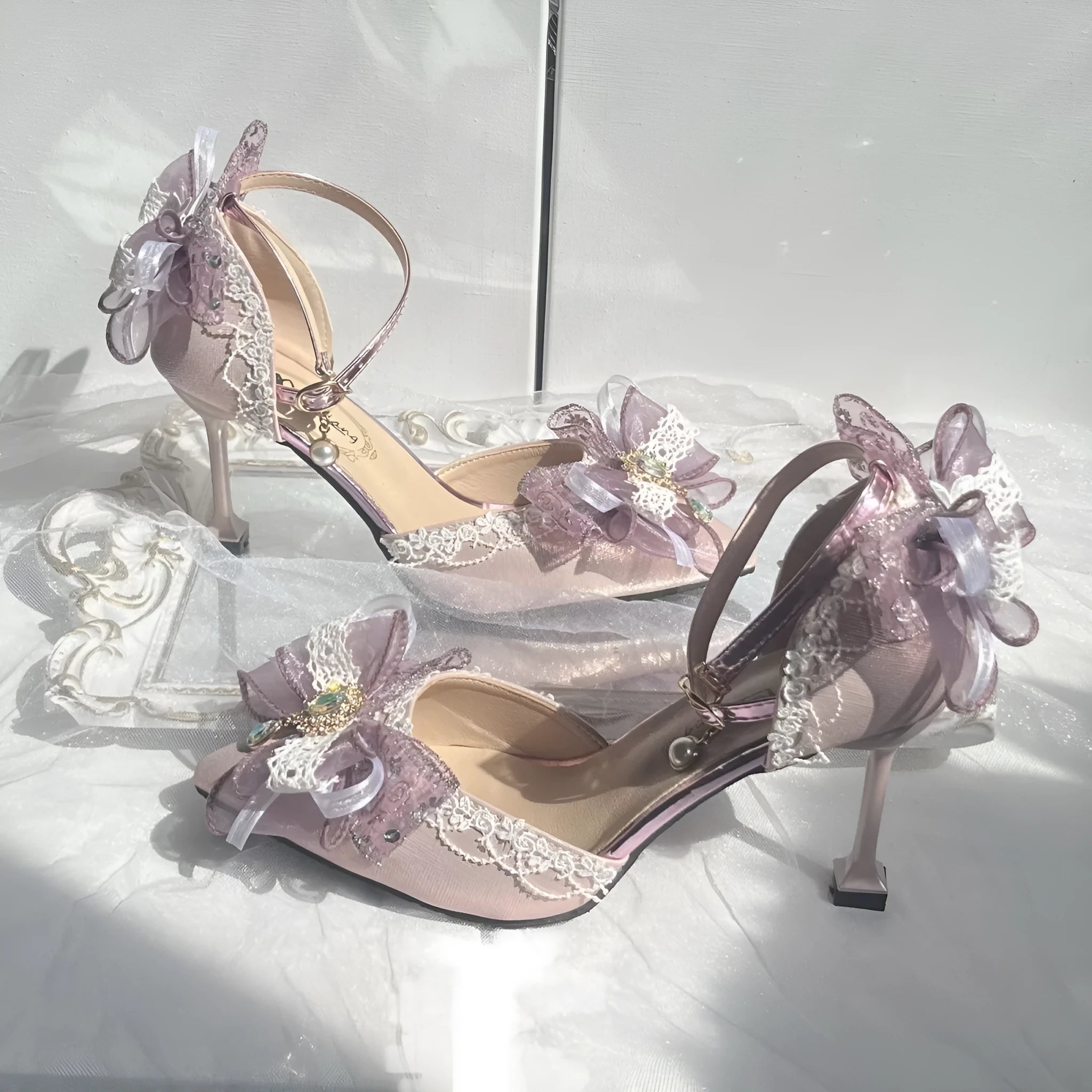 Purple satin women's wedding pumps with a flat heel and square toe.