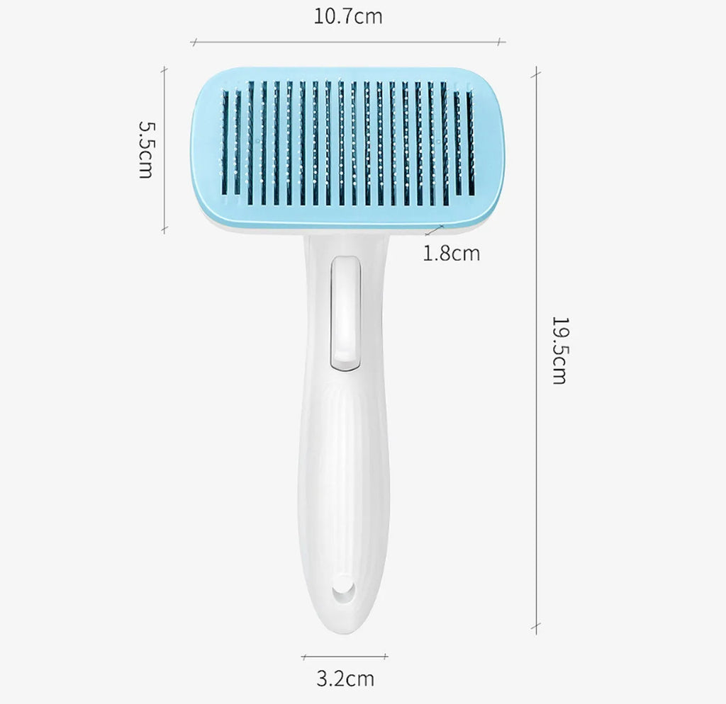Blue automatic hair removal comb for dogs and cats on a white background