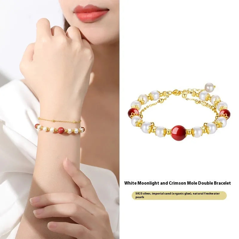 Sterling silver double-layer bracelet with freshwater pearls in white moonlight and cinnabar mole colours