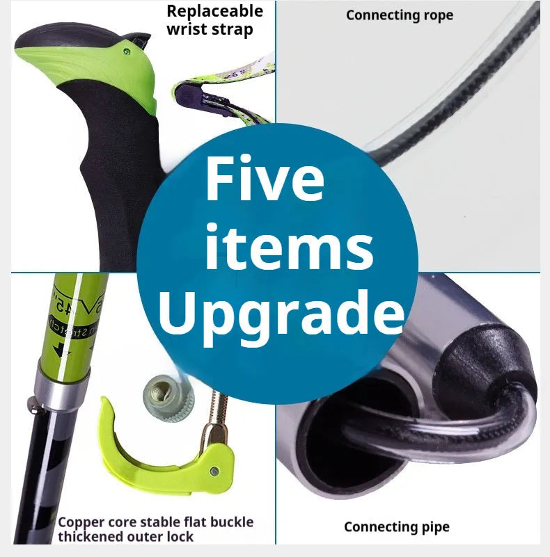Carbon fibre folding climbing cane with tungsten steel tip shown extended and collapsed