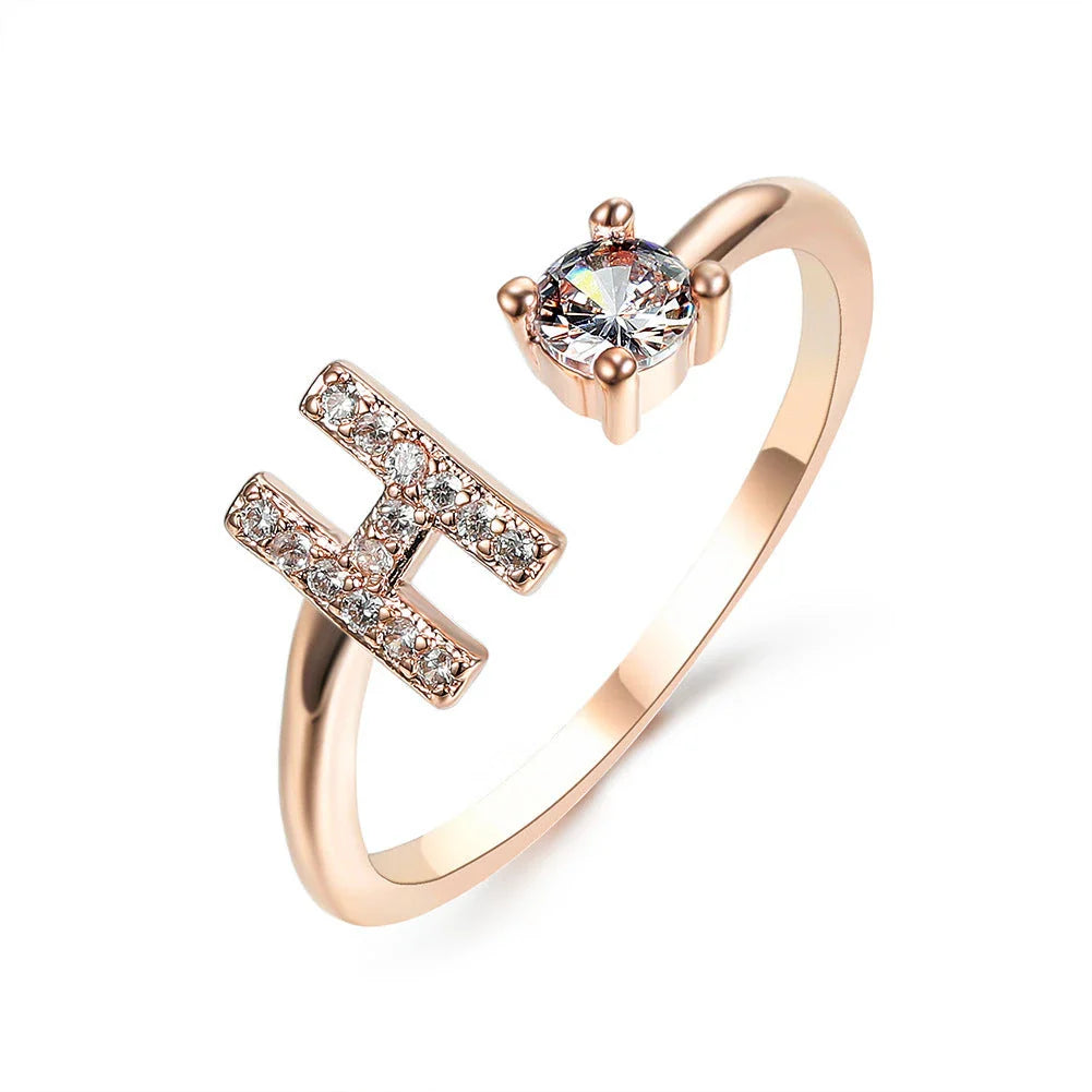 Elegant 26-letter adjustable initial ring in gold, silver, and rose gold finishes