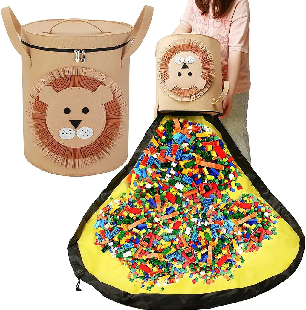 Green felt cube storage bag with pull rope, laid flat as a play mat and gathered into a bag.