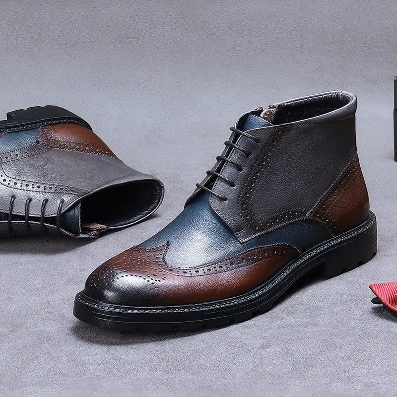 Men's curry blue leather brogue boots with decorative stitching and front lacing on a low square heel.