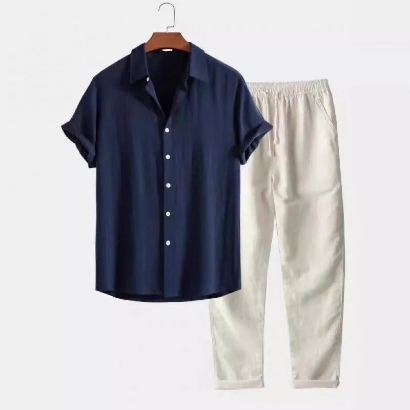 Men's loose fit casual short sleeve shirt and trousers set in linen-style fabric.