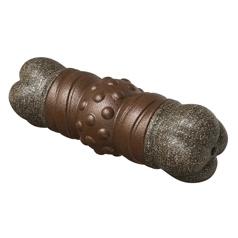 Wood colour plastic bone-shaped dog chew toy with a textured central molar rod for dental care.