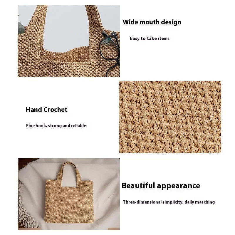 Straw woven bucket tote bag with double shoulder straps in horizontal square shape
