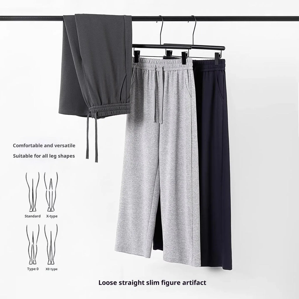 High-waisted cotton straight-leg pants in grey, loose fit, women's casual sweatpants