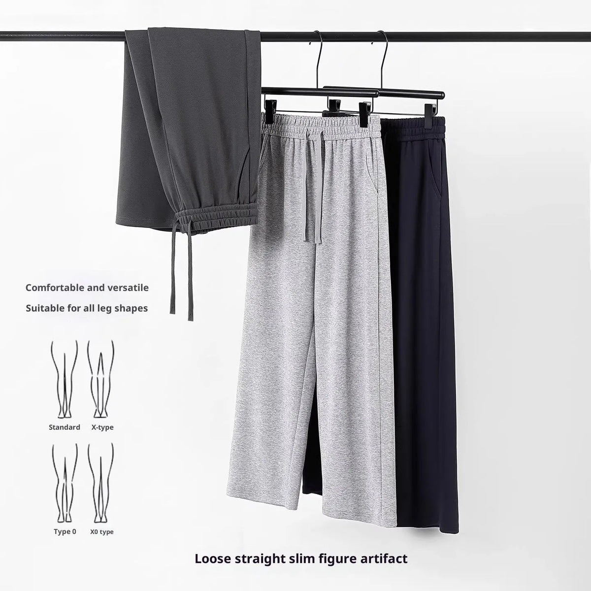 High-waisted cotton straight-leg pants in grey, loose fit, women's casual sweatpants