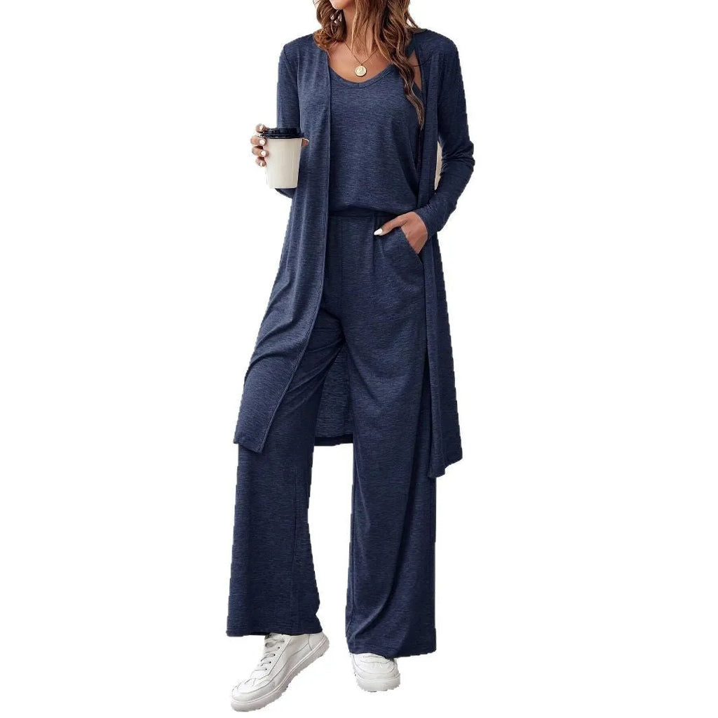 Women's blue polyester three-piece casual suit with top, cardigan and trousers in Japanese Korean style