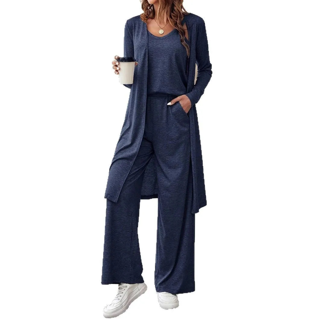 Women's blue polyester three-piece casual suit with top, cardigan and trousers in Japanese Korean style