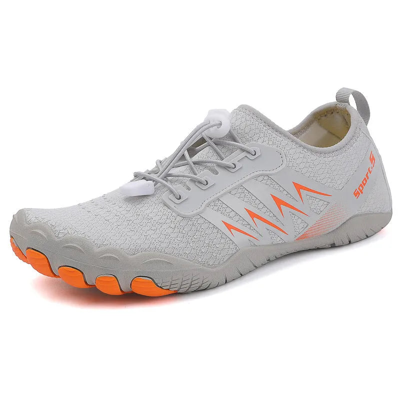 Quick-drying river tracing shoes in apricot colour with mesh upper and rubber sole.