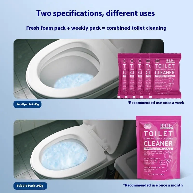 Toilet bubble powder cleaner in blue ocean and pink floral fragrance options