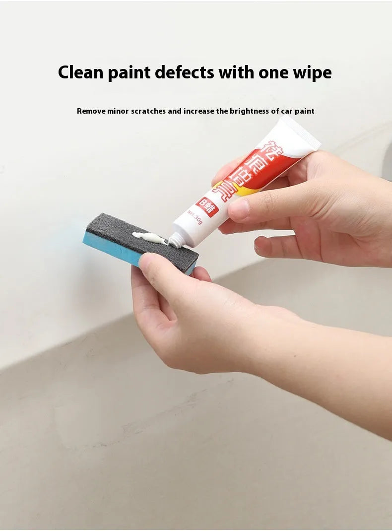Car repair wax kit with bottles of A and B wax and an abrasive sponge mop for scratch removal and polishing.