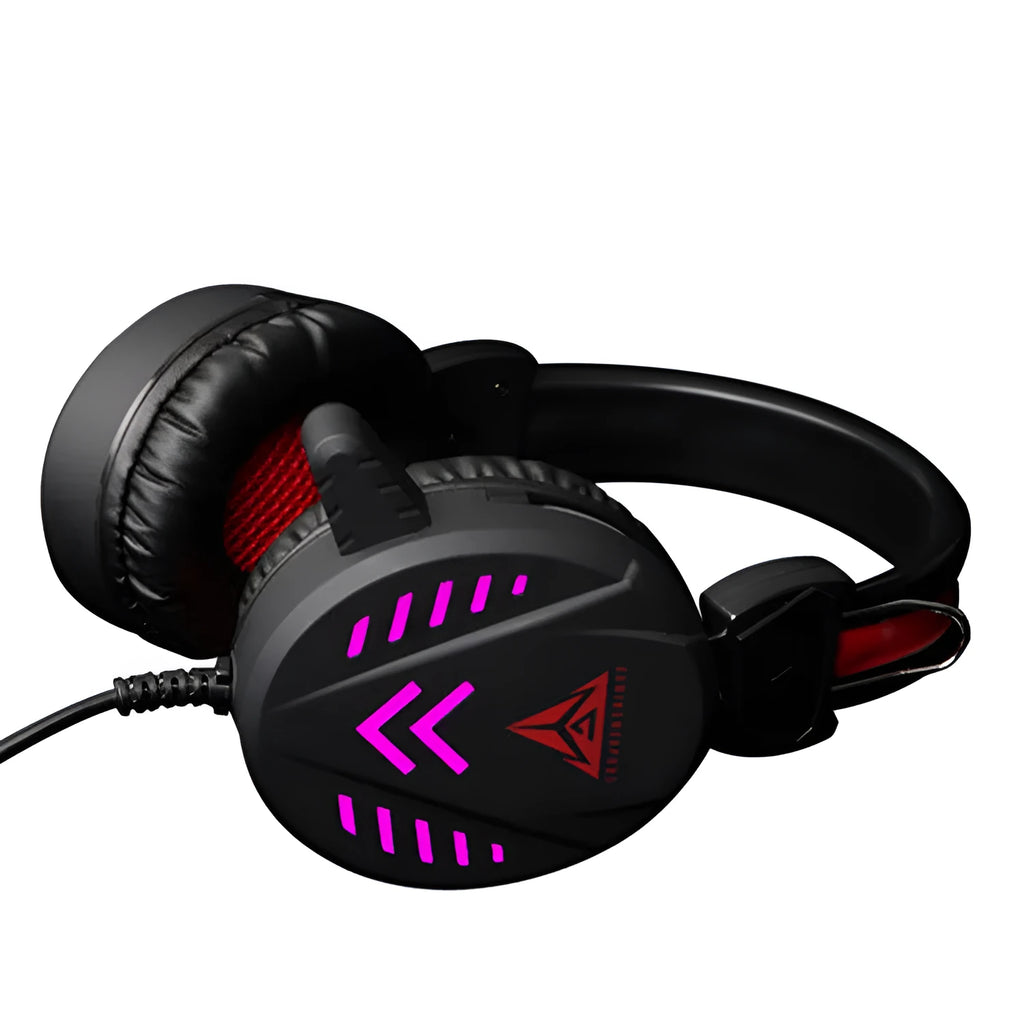 Black wired gaming headset with microphone and luminous glow for PC computer gaming