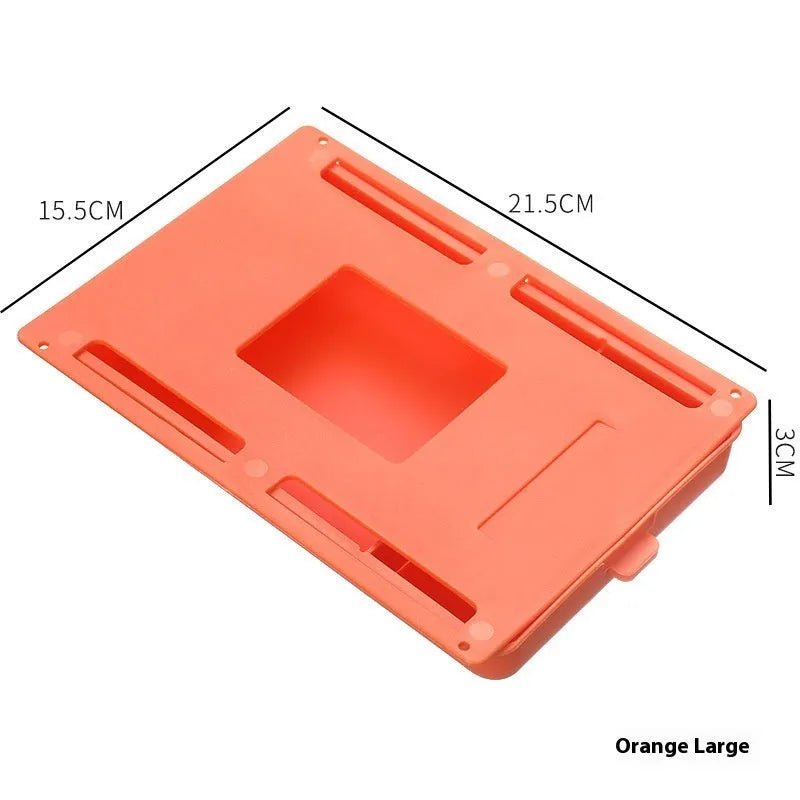 White plastic adhesive under-table storage drawer with covered lid and internal grid compartments