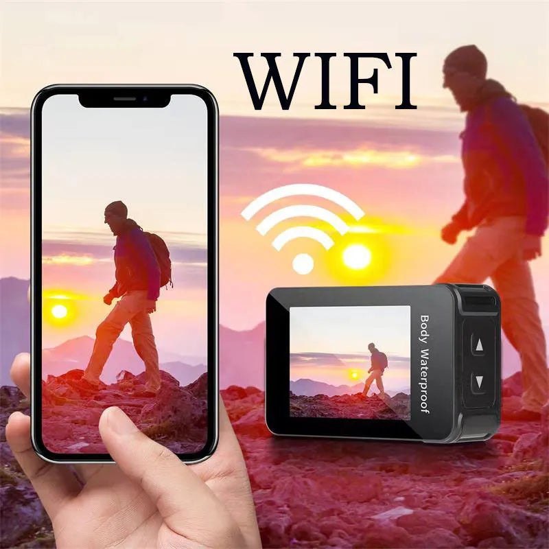 Black outdoor sports action camera tachograph with wide-angle lens, showing compact 66mm by 44mm by 31mm size.
