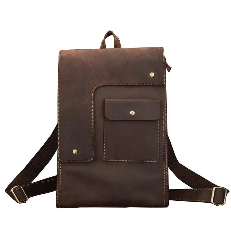 Dark brown genuine leather men's travel bag with retro style, showing three-dimensional pockets and shoulder straps.