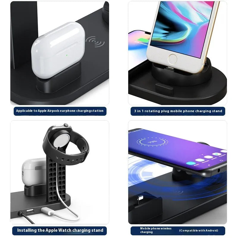 15W wireless charging stand holding phone, Apple Watch and AirPods in black finish