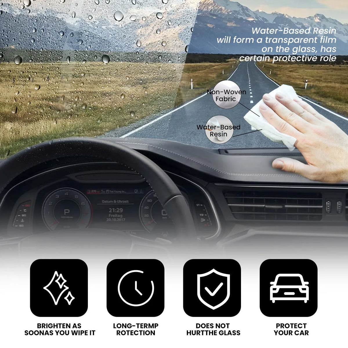 Pack of 40 car anti-fog rain wipes with water-base resin formula on non-woven fabric