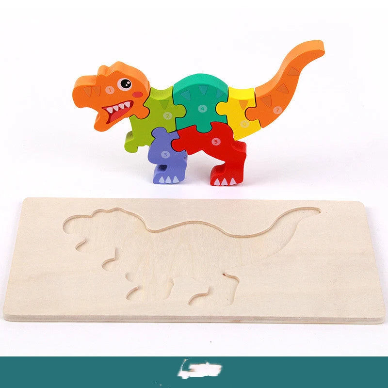 Sustainable wooden dinosaur 3D puzzle set for children, including six different models.