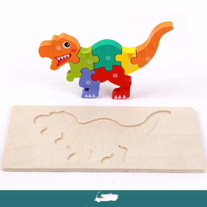 Sustainable wooden dinosaur 3D puzzle set for children, including six different models.