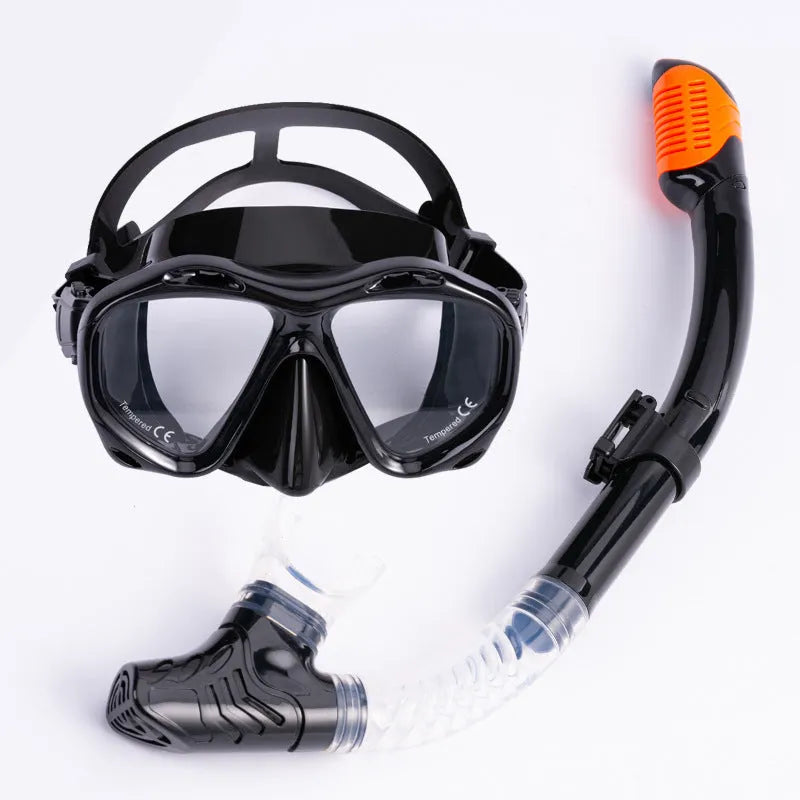 Adult snorkeling mask and breathing tube set in liquid silicone and PC, colour option shown