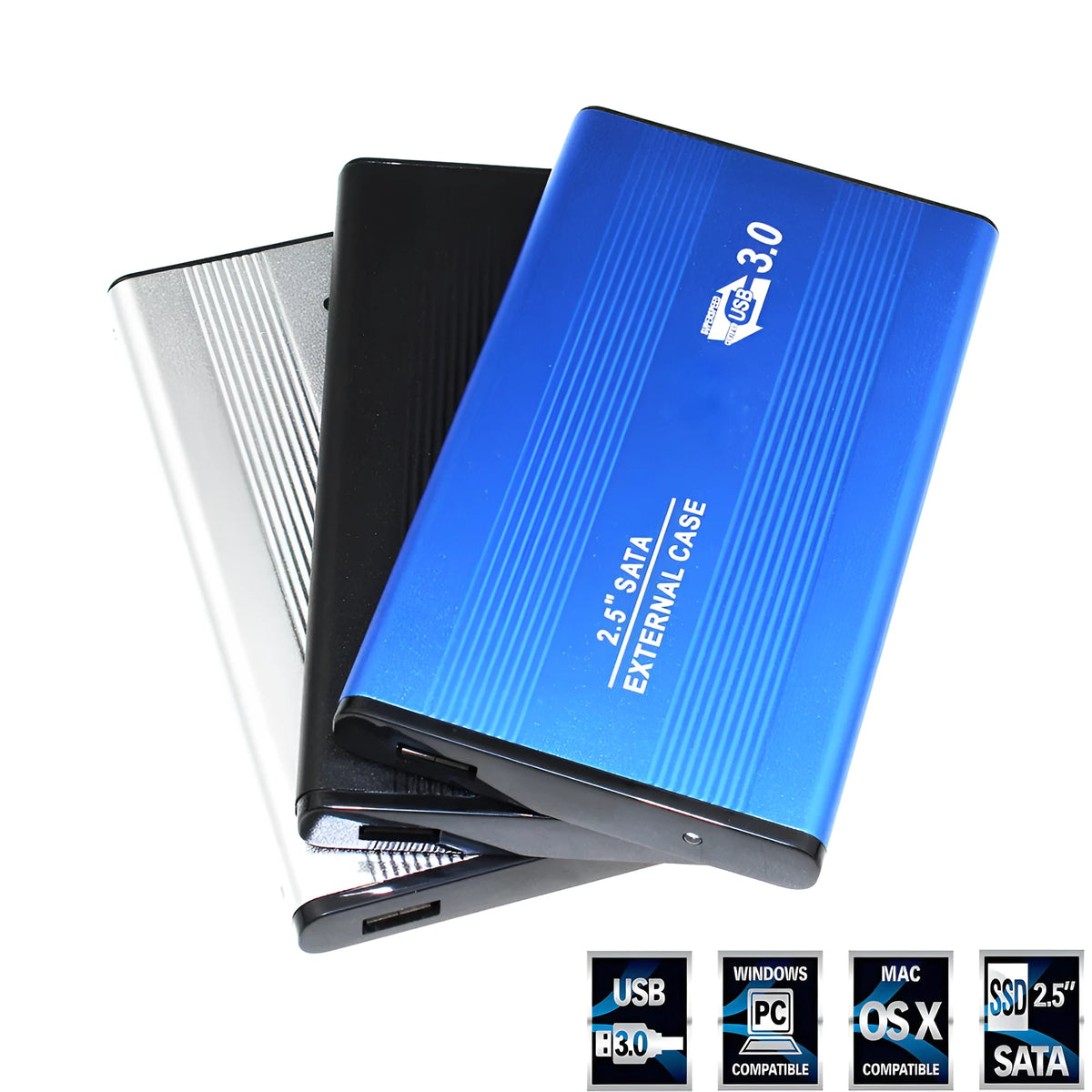 Black metal external hard drive enclosure for 2.5 inch SATA drives with USB 3.0 and pouch