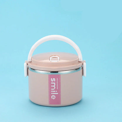 Stainless steel lunch box with built-in spoon, leak-proof design, in green, pink, and blue
