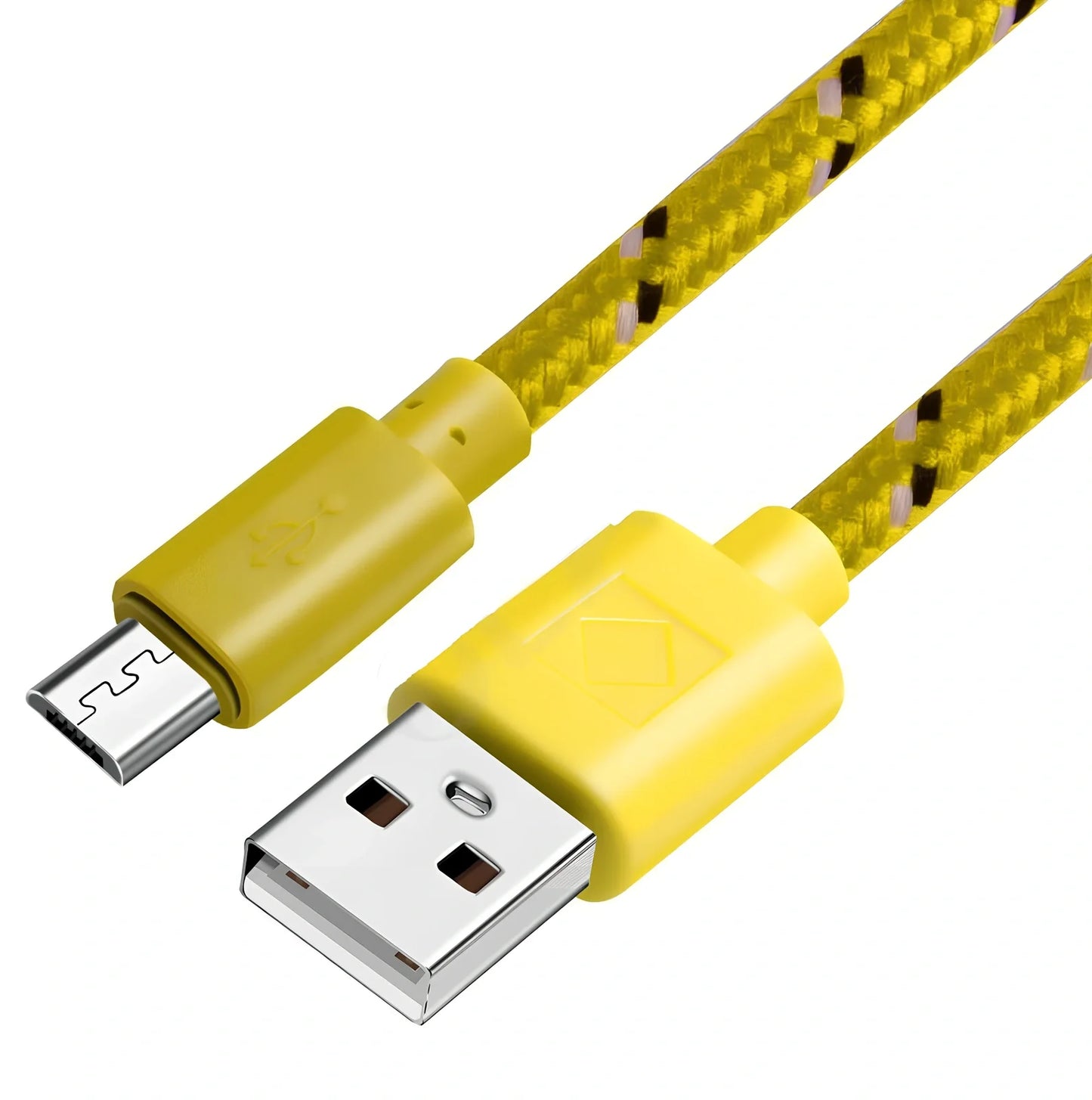 Woven nylon cloth data cable in multiple colours showing Android micro and USB-C connector options