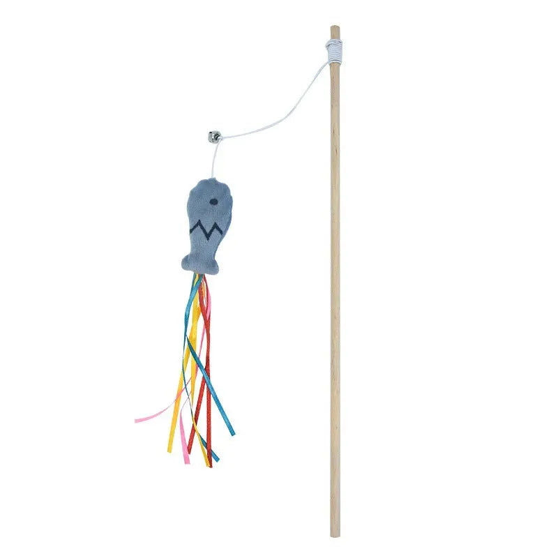 Blue cat wand toy with wooden handle, elastic rope, colourful ribbons, bell, and a catnip fish.