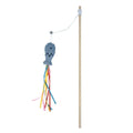 Blue cat wand toy with wooden handle, elastic rope, colourful ribbons, bell, and a catnip fish.