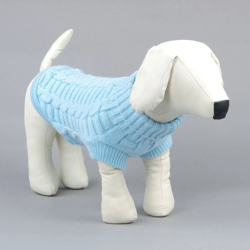 Solid colour acrylic pet sweater for dogs and cats in blue, with size chart details