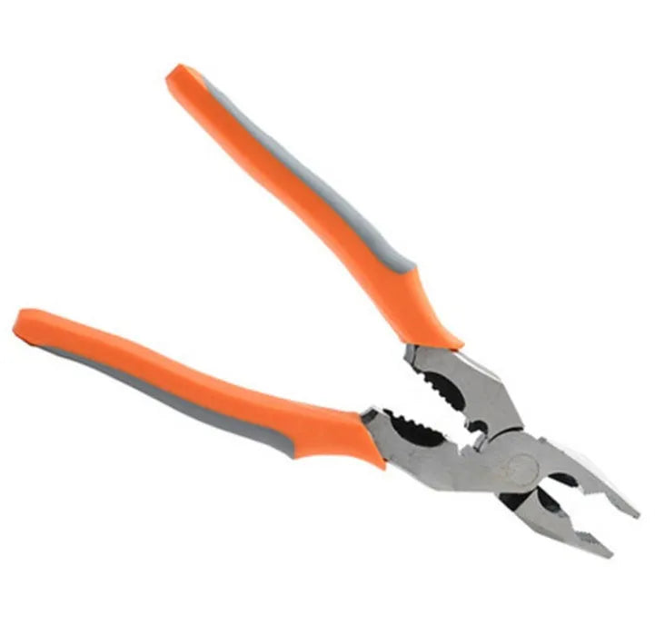 Orange 9-inch multi-function wire cutter pliers with chrome steel crimping head and textured PVC handles.