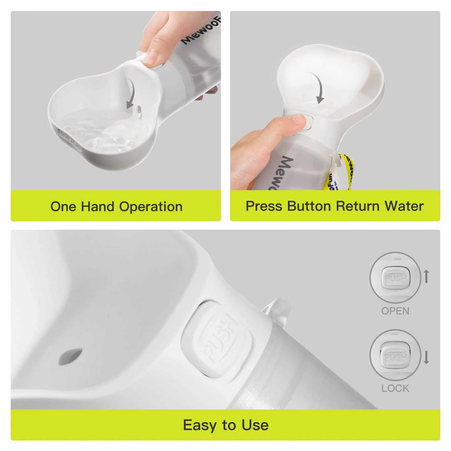 Mewoofun 2-in-1 leak-proof pet water bottle with bone-shaped design and poop bag storage