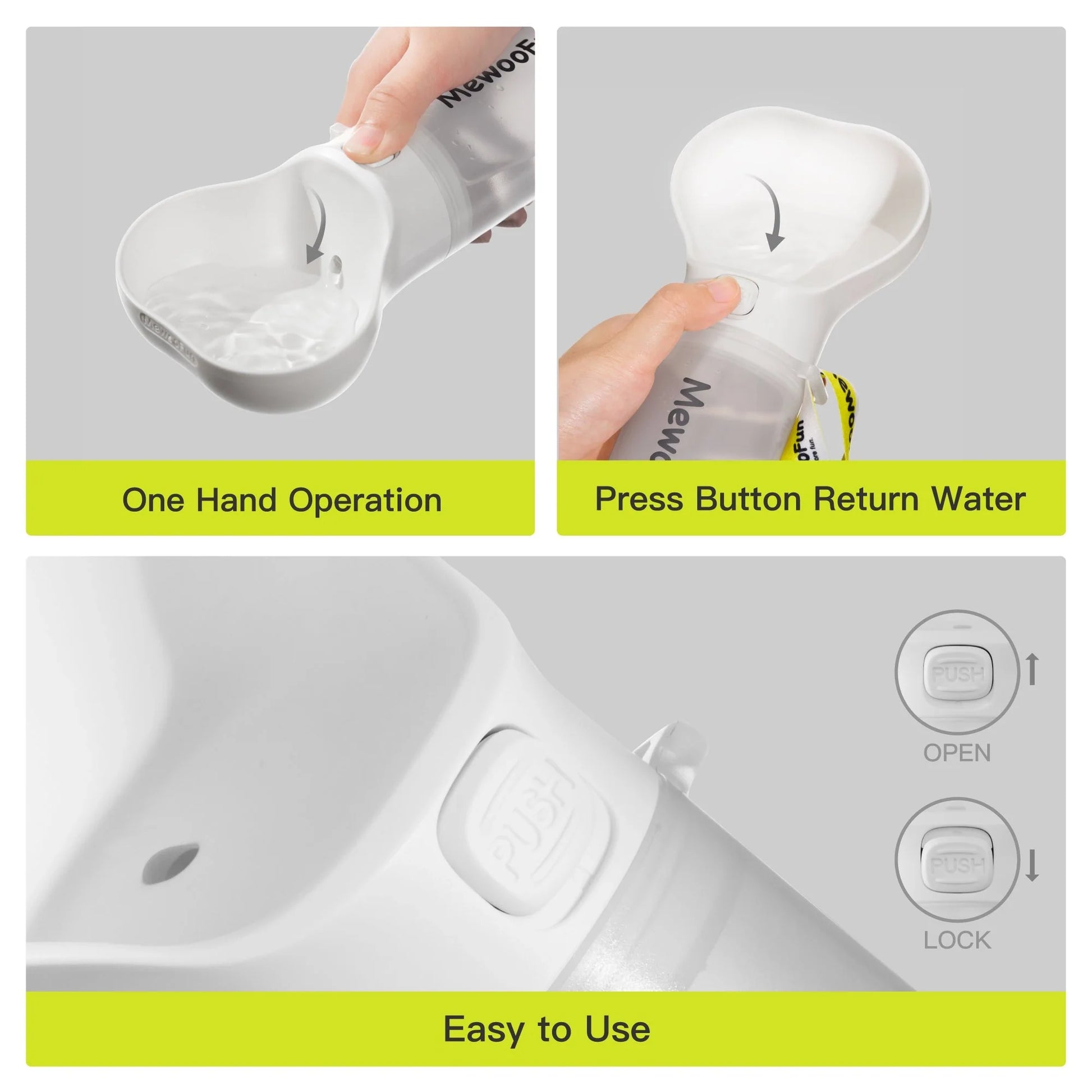 Mewoofun 2-in-1 leak-proof pet water bottle with bone-shaped design and poop bag storage