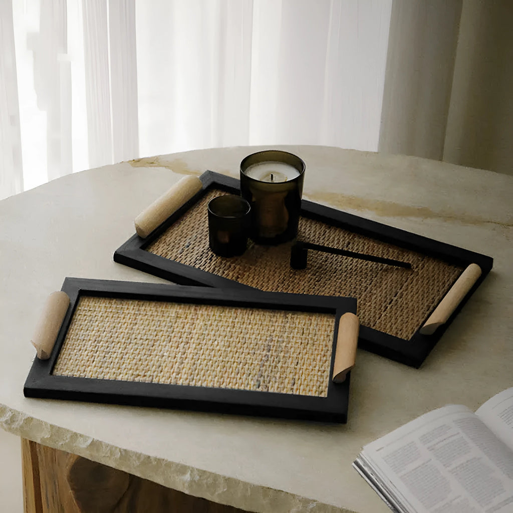 Pine wood dining tray with compartments shown in small and large size options.