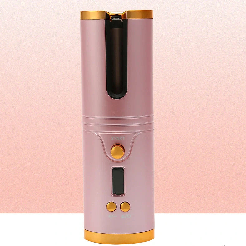 Wireless mini USB hair curler with gold spray paint shell showing 21-30mm barrel and temperature control buttons