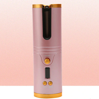 Wireless mini USB hair curler with gold spray paint shell showing 21-30mm barrel and temperature control buttons