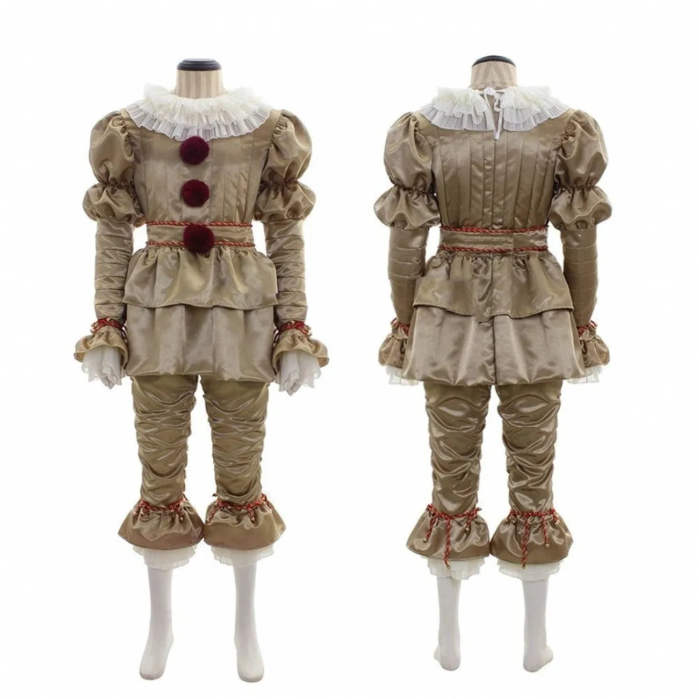 Women's gold satin and chiffon Halloween clown costume set with accessories on model