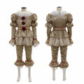 Women's gold satin and chiffon Halloween clown costume set with accessories on model