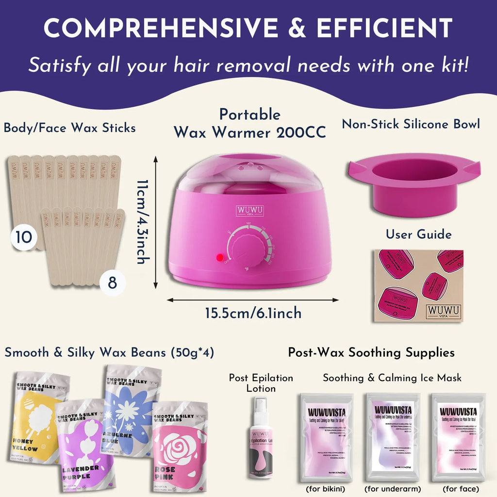 Hard wax hair removal kit with black wax warmer, wax beans, applicator sticks, and aftercare products