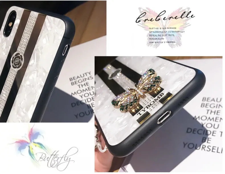 Acrylic iPhone case with butterfly diamond design and mirror in purple colour.