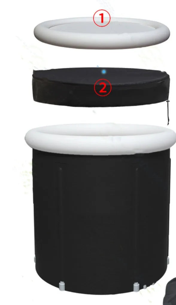 Black inflatable PVC ice bath tub measuring 70x80cm with weather lid and insulation for cold therapy
