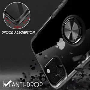 Black PU protective back cover case for iPhone mounted in a car holder, showing full access to charging port and buttons.